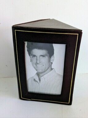 Frame Triangular Leather Look Maroon Photo Frame with Gold Trim Holds Two Photos